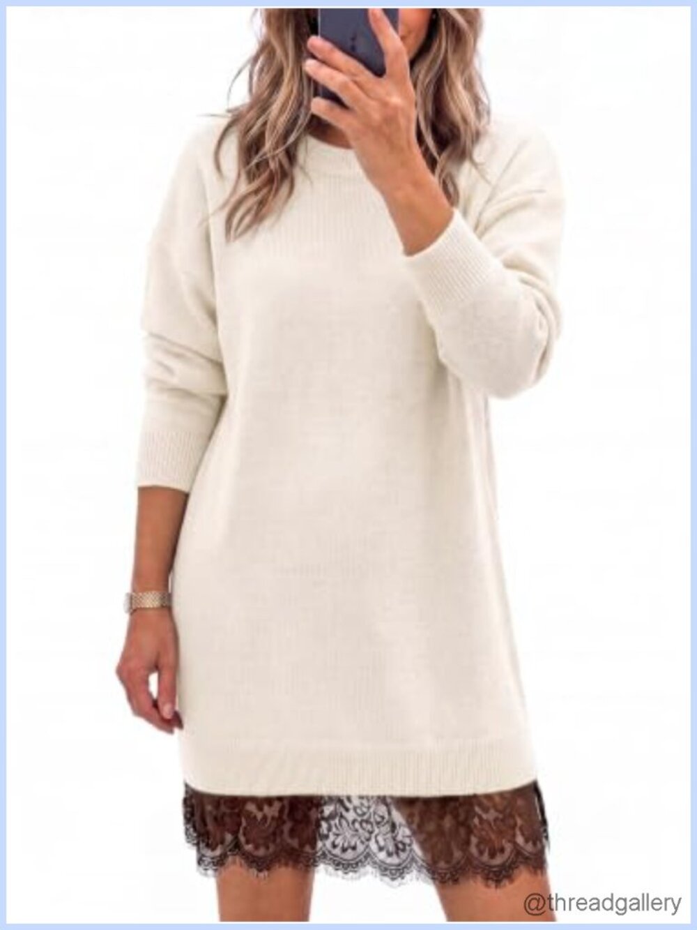 Wenrine Women Long Sleeve Knit Sweater Dress Lace Hem Mini Casual
